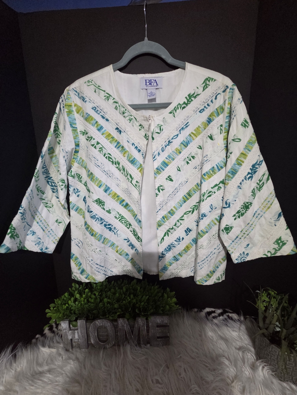BFA Classic Collection Cotton White Blazer with Green & Blue Leaf Stripe. Size L